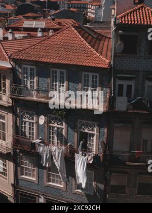 una vecchia donna sta appendendo il suo bucato appena lavato e i vestiti fuori dal suo balcone. Facciata colorata dell'edificio. Porto. Portogallo 29.05.2024 Foto Stock