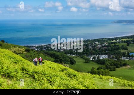 Camminate sul sentiero nella campagna sopra il villaggio sulla costa. Penmaenmawr, Conwy, Galles del nord, Regno Unito, Gran Bretagna Foto Stock