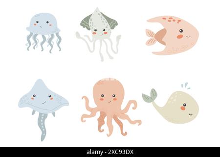 Carini animali marini per bambini. Raccolta di elementi subacquei marini. Gli abitanti dell'oceano sono una serie di polpi, balene e altri simpatici personaggi. Acquatica selvatica Illustrazione Vettoriale