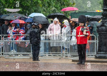 Londra, Regno Unito. 15 giugno 2024. Una pesante doccia a pioggia cade sul Mall mentre la folla aspetta di vedere re Carlo e la famiglia reale tornare a Buckingham Palace dopo Trooping the Colour. Più di 1.400 soldati in parata, 200 cavalli e 400 musicisti prendono parte alla cerimonia di Trooping the Colour (King's Birthday Parade) per celebrare il compleanno ufficiale del sovrano. Crediti: Stephen Chung / Alamy Live News Foto Stock