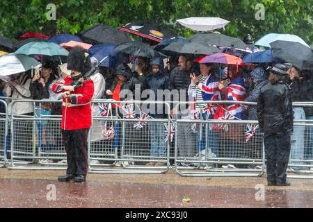 Londra, Regno Unito. 15 giugno 2024. Una pesante doccia a pioggia cade sul Mall mentre la folla aspetta di vedere re Carlo e la famiglia reale tornare a Buckingham Palace dopo Trooping the Colour. Più di 1.400 soldati in parata, 200 cavalli e 400 musicisti prendono parte alla cerimonia di Trooping the Colour (King's Birthday Parade) per celebrare il compleanno ufficiale del sovrano. Crediti: Stephen Chung / Alamy Live News Foto Stock
