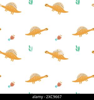 Schema animaletti carini per i bambini - scarabocchiare lo sfondo senza cuciture del dinosauro del bambino. Design vivaio. Simpatici cuccioli di dinosauri o draghi per la stampa in tessuto, co Illustrazione Vettoriale