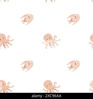 I bambini hanno un motivo di animali marini, la vita marina oceanica infantile sullo sfondo senza interruzioni. Stampe di animali della nursery baby. Gli abitanti subacquei raccolgono retroterra Illustrazione Vettoriale