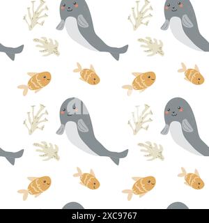 I bambini hanno un motivo di animali marini, la vita marina oceanica infantile sullo sfondo senza interruzioni. Stampe di animali della nursery baby. Gli abitanti subacquei raccolgono retroterra Illustrazione Vettoriale