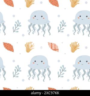 I bambini hanno un motivo di animali marini, la vita marina oceanica infantile sullo sfondo senza interruzioni. Stampe di animali della nursery baby. Gli abitanti subacquei raccolgono retroterra Illustrazione Vettoriale