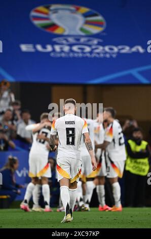 MONACO DI BAVIERA, GERMANIA - 14 GIUGNO: Kai Havertz festeggia con Joshua Kimmich e Maximilian Mittelstadt dopo aver segnato un gol durante il girone UEFA EURO 2024 Foto Stock