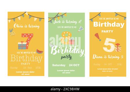 Set di poster per l'invito al compleanno dei bambini. Può essere utilizzato per feste di compleanno e design infantile. Animali e regali carini. Festa con animali tropicali invitano backgro Illustrazione Vettoriale