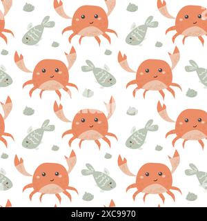 I bambini hanno un motivo di animali marini, la vita marina oceanica infantile sullo sfondo senza interruzioni. Stampe di animali della nursery baby. Gli abitanti subacquei raccolgono retroterra Illustrazione Vettoriale