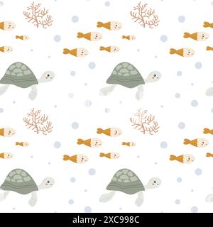 I bambini hanno un motivo di animali marini, la vita marina oceanica infantile sullo sfondo senza interruzioni. Stampe di animali della nursery baby. Gli abitanti subacquei raccolgono retroterra Illustrazione Vettoriale