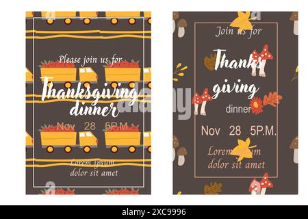 Set di inviti per il Ringraziamento autunnale. Manifesti delle festività del giorno della turchia in autunno. Invito a cena, festa di ringraziamento stagionale. Autunno disegnato a mano Illustrazione Vettoriale