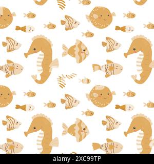 I bambini hanno un motivo di animali marini, la vita marina oceanica infantile sullo sfondo senza interruzioni. Stampe di animali della nursery baby. Gli abitanti subacquei raccolgono retroterra Illustrazione Vettoriale
