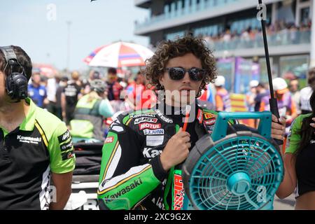 Misano Adriatico, Italia. 15 giugno 2024. Foto Alessandro la Rocca/LaPresse15-06-2024, Misano World Circuit Marco Simoncelli Sport-Motociclismo-WSBK FIM Superbike World Championship-Pirelli Emilia Romagna Round 14-16-giugno 2024 gara 1 nella foto: Axel Bassani -Kawasaki foto Alessandro la Rocca/ crediti: LaPresse/Alamy Live News Foto Stock