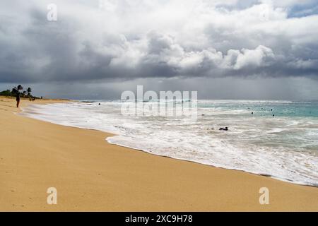 La spiaggia è tranquilla, le onde si infrangono sulla sabbia sotto un cielo nuvoloso. L'acqua, le nuvole e il vento creano un paesaggio naturale che illustra la bellezza dei fluidi Foto Stock