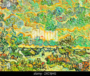 Cottages and Cypresses - Reminiscence of the North Brabant, 1890 (Pittura) Artist Gogh, Vincent van (1853-90), olandese. Illustrazione Vettoriale