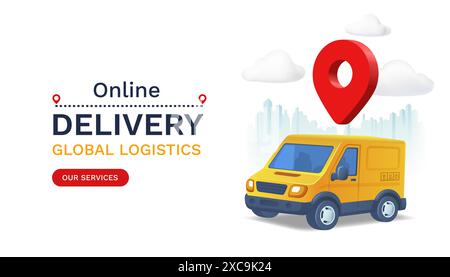 Online Delivery logistica globale su dispositivi mobili, consegna all'interno della città. Vettore Illustrazione Vettoriale