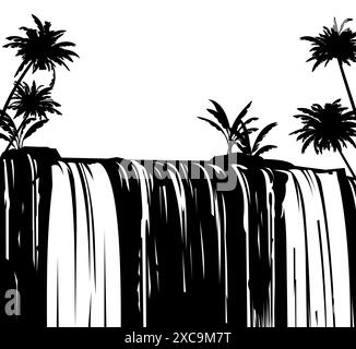 Cascata tropicale. Giungla di palme. Acqua e ruscello. Bellissimo paesaggio. il fiume cade dalle rocce. Pietra e montagne. Immagine della silhouette nera Illustrazione Vettoriale