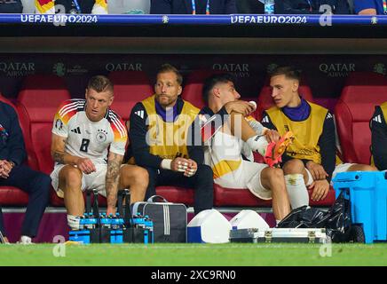 Toni Kroos, DFB 8 Oliver Baumann, DFB 12, Kai Havertz, DFB 7 Nico Schlotterbeck, DFB 15 nella partita a gironi GERMANIA - SCOZIA 5-1 dei Campionati europei UEFA 2024 il 14 giugno 2024 a Monaco di Baviera, Germania. Fotografo: ddp Images/STAR-Images credito: ddp media GmbH/Alamy Live News Foto Stock