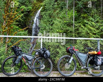 WA25371-00...WASHINGTON - biciclette caricate per le valigie, parcheggiate su un albero lungo il Palouse-Cascades State Park Trail a Mine Creek. Foto Stock