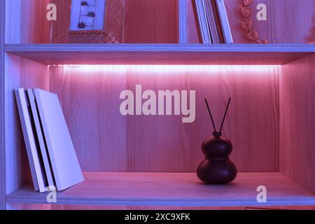 Su uno scaffale con illuminazione al neon rosa c'è un piccolo vaso in ceramica nera con due bastoncini di aromi Foto Stock