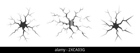 Serie di incrinature. Fessure, fessure, collasso, fori su smerigliatura in pietra, raccolta di cricche nere isolate su bianco. Illustrazione Vettoriale