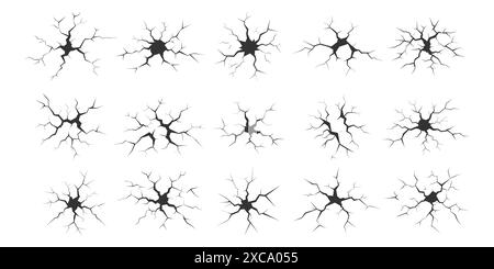 Serie di incrinature. Fessure, fessure, collasso, fori su smerigliatura in pietra, raccolta di cricche nere isolate su bianco. Illustrazione Vettoriale