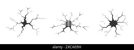Serie di incrinature. Fessure, fessure, collasso, fori su smerigliatura in pietra, raccolta di cricche nere isolate su bianco. Illustrazione Vettoriale