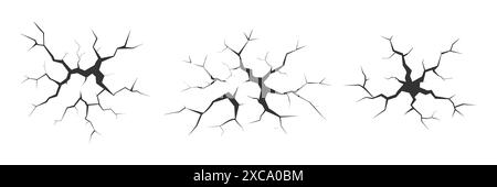 Serie di incrinature. Fessure, fessure, collasso, fori su smerigliatura in pietra, raccolta di cricche nere isolate su bianco. Illustrazione Vettoriale