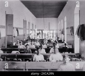 Questa fotografia, scattata nel 1902, cattura l'animato interno di una fabbrica di tabacco a l'Avana, Cuba. File di uomini sono seduti alle scrivanie, rotolano diligentemente sigari, le loro mani si muovono con praticità. I factorys interni semplici e industriali sono pieni di suoni di attività vivace, fornendo uno sguardo nel mondo della produzione di sigari cubani all'inizio del XX secolo. Foto Stock
