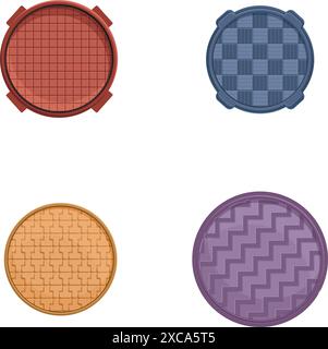 Icone tombini impostano il vettore dei cartoni animati. Portello stradale di forme e colori diversi. Costruzione di città Illustrazione Vettoriale