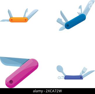 Le icone dei coltelli dell'esercito impostano il vettore dei cartoni animati. Coltello ripiegabile multiuso tascabile. Strumento multiuso Illustrazione Vettoriale