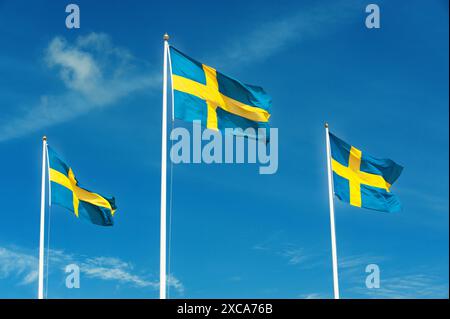 Tre bandiere svedesi Foto Stock