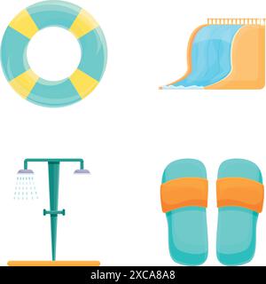 Le icone di Aquapark impostano il vettore dei cartoni animati. Vacanze estive nel parco acquatico. Attività ricreative Illustrazione Vettoriale