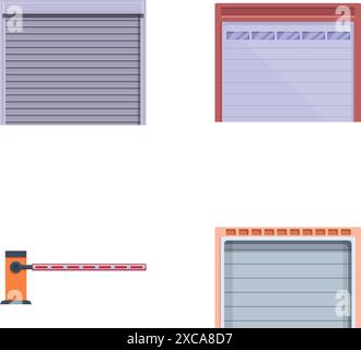 Le icone automatiche dei gate impostano il vettore dei cartoni animati. Cancello e tornello vari. Ostacolo meccanico, attrezzatura Illustrazione Vettoriale