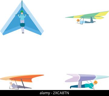 Le icone di deltaplano impostano il vettore dei cartoni animati. L'uomo che vola volando sport estremi. Sport dell'aria, stile di vita attivo Illustrazione Vettoriale