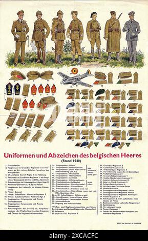 Un poster d'epoca tedesco della seconda guerra mondiale che mostra le uniformi dell'esercito belga. Mostra le uniformi, nonché le insegne e i distintivi dei vari gradi. Foto Stock