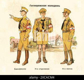 Un poster sovietico vintage del 1936 che mostra le uniformi delle organizzazioni militari e paramilitari tedesche. La serie era intitolata Uniform of Fascist Organizations e mostra le uniformi, nonché le insegne e i distintivi di un membro della Gioventù hitleriana. Foto Stock