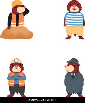 Le icone della talpa impostano il vettore dei cartoni animati. Carino personaggio della talpa dei cartoni animati. Animale divertente Illustrazione Vettoriale
