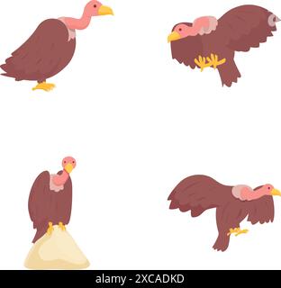 Le icone Condor impostano il vettore dei cartoni animati. Grande rapace. Natura selvaggia Illustrazione Vettoriale