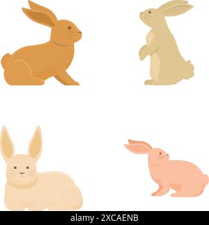 Collezione di quattro simpatici e semplicistici conigli cartoni animati in varie pose su sfondo bianco Illustrazione Vettoriale
