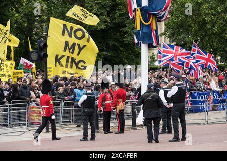 Londra, Regno Unito. 15 giugno 2024. I manifestanti anti anti-monarchia manifestano insieme ai fan reali sul The Mall durante la parata del compleanno del re dei colori. Crediti: Wiktor Szymanowicz/Alamy Live News Foto Stock