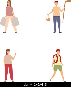 Raccolta di quattro illustrazioni che raffigurano individui in vari scenari comuni Illustrazione Vettoriale
