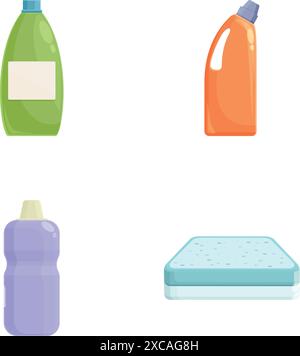 Icone vettoriali di bottiglie di plastica e spugna per la pulizia, isolata su bianco Illustrazione Vettoriale