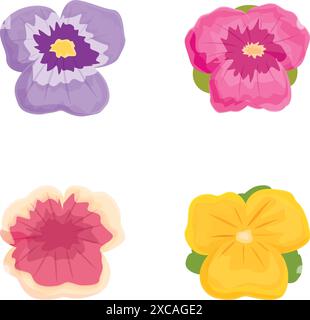 Collezione di illustrazioni di quattro vivaci fiori di cartoni animati in vari colori Illustrazione Vettoriale