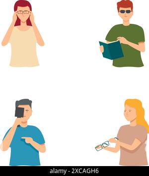 Collezione di illustrazioni con giovani adulti che leggono, utilizzano uno smartphone e tengono in mano gli occhiali Illustrazione Vettoriale