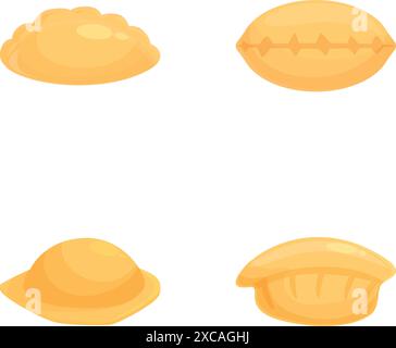 Torte colorate assortite di cartoni animati con illustrazioni di vari dolci, frutta, carne e torte di zucca, prodotti da forno, e pasticceria in un panificio o pasticceria, presentati in un design vettoriale e piatto Illustrazione Vettoriale