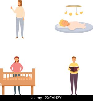 Raccolta di quattro illustrazioni vettoriali che raffigurano vari momenti di genitorialità e attività di cura del bambino Illustrazione Vettoriale
