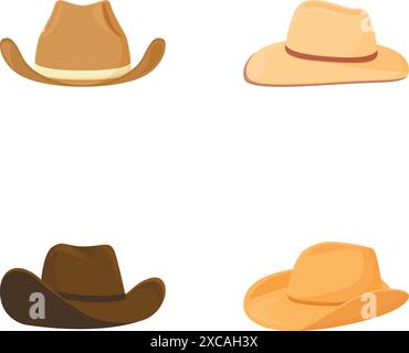 Collezione di quattro cappelli da cowboy stilizzati in vari colori, isolati su sfondo bianco Illustrazione Vettoriale