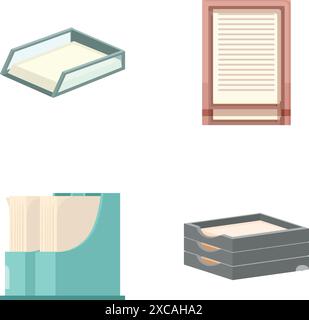 Una serie di quattro illustrazioni vettoriali isolate di forniture per ufficio, tra cui un vassoio della carta, un documento chiuso, un libro aperto e un cassetto con i file Illustrazione Vettoriale