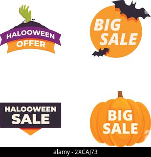Set di quattro vivaci saldi a tema alloweenthemed e banner con zucche e pipistrelli Illustrazione Vettoriale