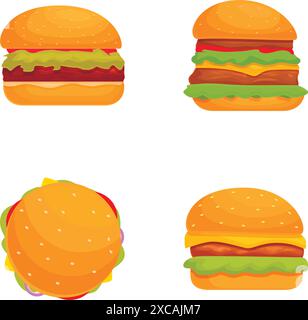 Vivace e colorato set di hamburger a cartoni animati con cheeseburger. Hamburger. E icone dei sandwich su sfondo bianco per il menu dei ristoranti fast food. Design grafico per bambini Illustrazione Vettoriale